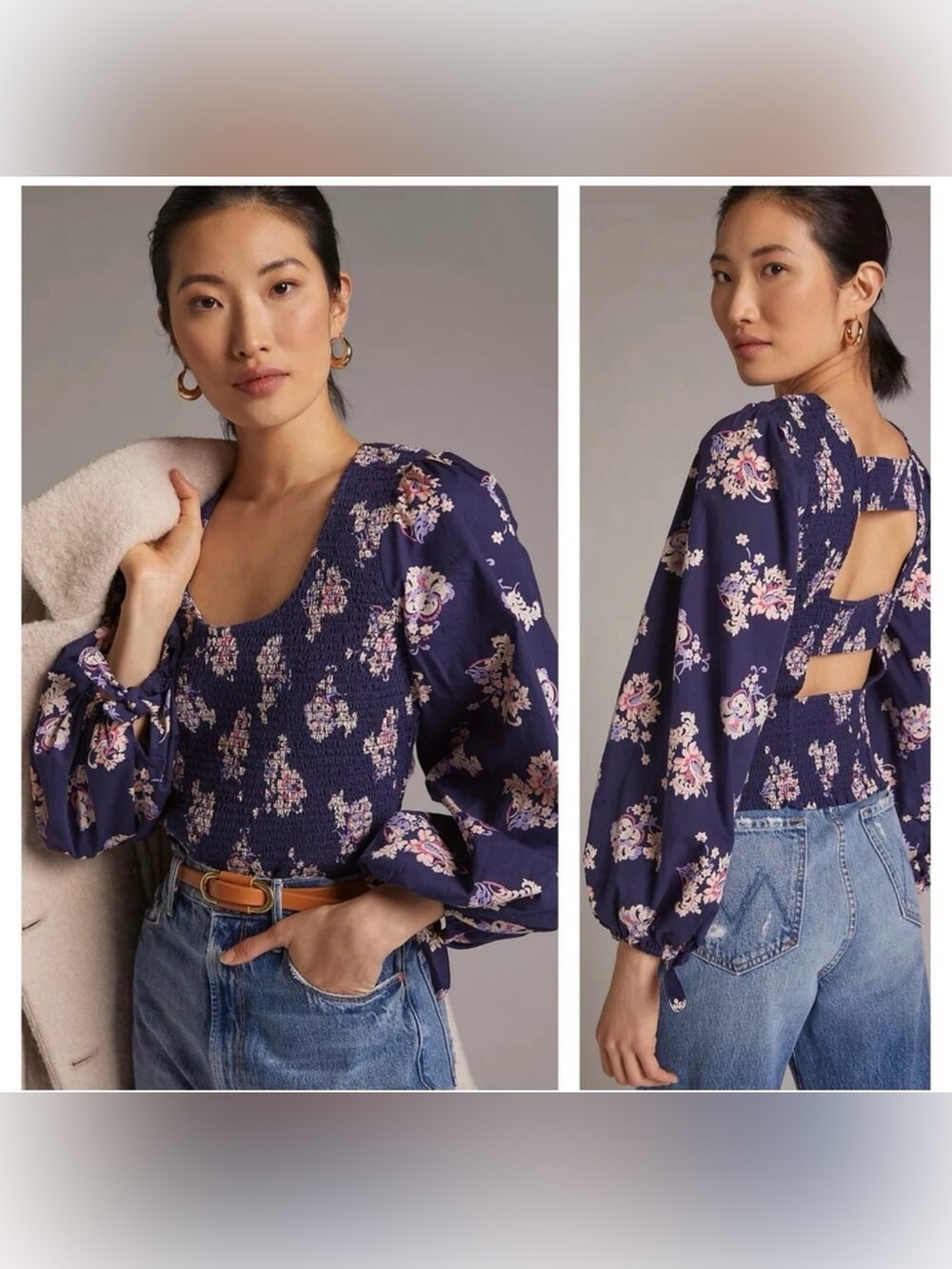 BY ANTHROPOLOGIE Smocked Peplum Puff Sleeve Floral Blouse Navy Blue Size Medium